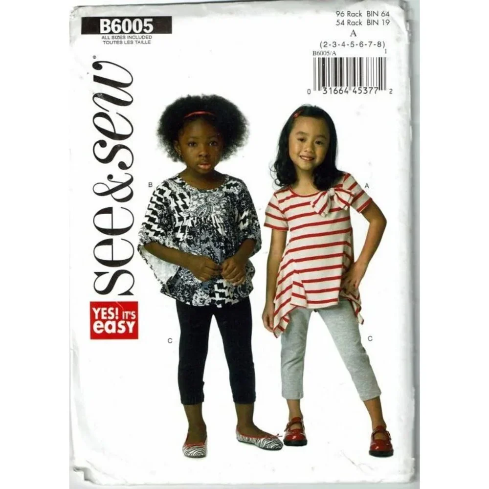 Butterick See and Sew Sewing Pattern 6005 Girls Top‎ Leggings Size 2-8